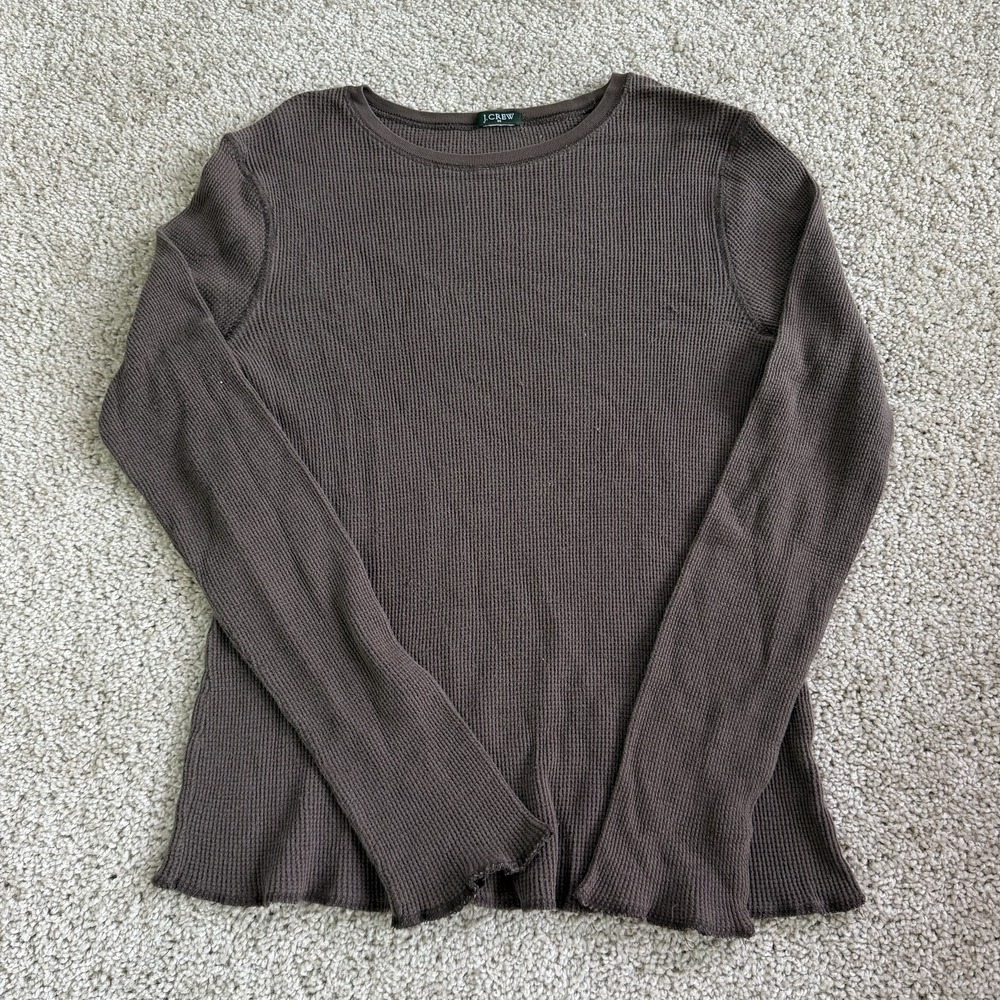 J.Crew Shirt Womens XL Brown Thermal Waffle Knit Long Sleeve Ruffle Hem Top